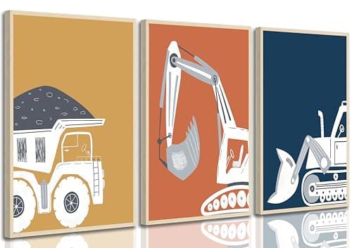 Wavkkey 3 Pcs Construction Truck Nursery Wall Art Excavator Dump Truck Tractor Poster Painting Picture Wall Decor Canvas Print Artwork Kids Room Boys Room Baby Room Home Decoration Unframed - Image 1