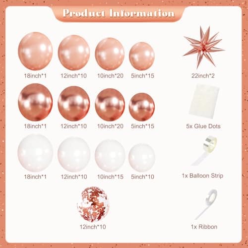 Rose Gold Balloon Garland Kit, 140Pcs Pearl Metallic Pink and White Confetti Balloons With Stars for Birthday Mothers Day Birdal Shower Wedding Graduation Party Decorations - Thumbnail 4