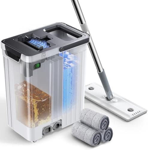 ADICOM Mop and Bucket Set | Auto-Spray Cleaning | Dirty Water Separation Keep Water Fresh | Flat Mop & Bucket with Wringer | 3x Washable Pads | High-efficiency Cleaning for All Floors Tile Wall Window - Image 1