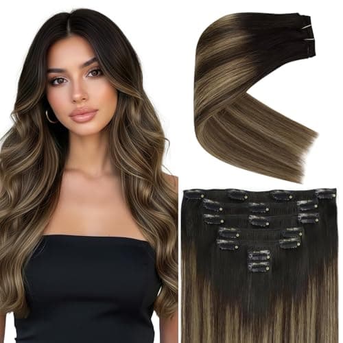 Ve Sunny Clip in Hair Extensions Real Human Hair Black Ombre Clip in Human Hair Extensions Black with Brown Blonde Balayage Hair Extensions Clip ins Short Hair 12Inch 85g - Image 1
