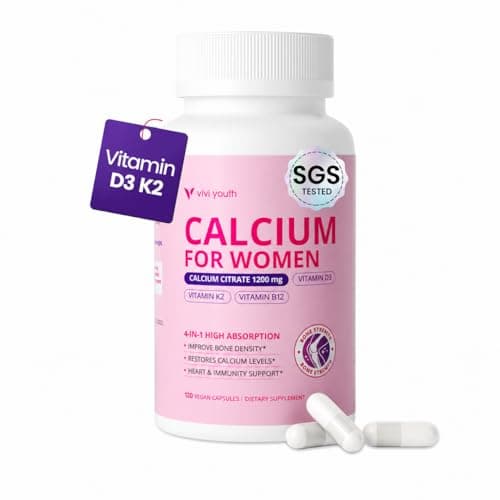 VIVI Youth Calcium Supplements for Women - 4-In-1 Calcium Citrate 1200 mg with Vitamin D3 K2, B12 - High Absorption Calcium Citrate & Carbonate for Bone Density & Strength, Non-GMO, 120 Vegan Capsules - Image 1