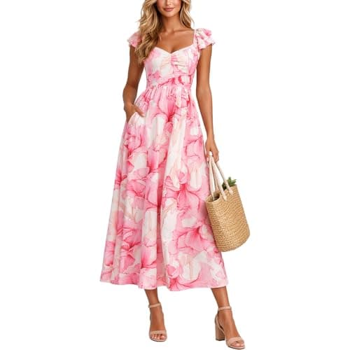 materasu Women Floral Print Midi Dress with Pocket Square Neck Ruffle Sleeve Casual Summer Dress - Image 1