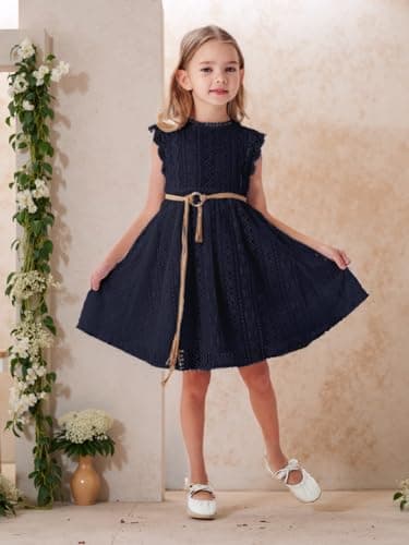 ALLOVIN Toddler and Girls Vintage Boho A-Line Lace Dress with Belt Pom Pom Trim Birthday Party Dress | Navy Blue | 3-4T - Thumbnail 6