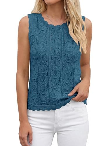 BTFBM Crochet Tank Tops for Women Hollow Out Sleeveless Loose Sweater Vest Top Summer Spring 2026 Beach Vacation Clothes(Dusty Blue, Large) - Thumbnail 3