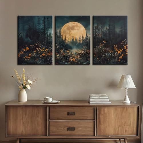 3Pcs Full Moon Forest Canvas Wall Art Nature Landscape Wildflower Wall Decor Pictures Moody Dark Academia Forest Posters Prints for Gallery Bedroom Living Room Home Decoration 16x24in - Thumbnail 5