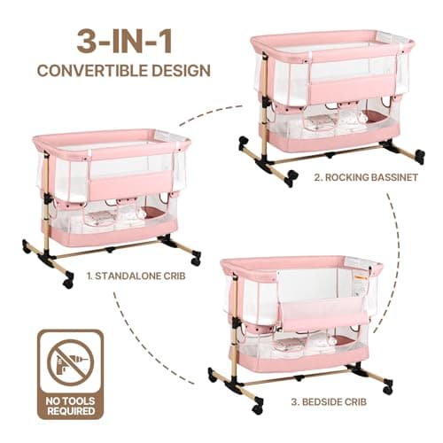 cutebeams Baby Bassinet, 3 in 1 Infant Bassinet Bedside Sleeper, Bassinet with Cover, Rocking Bedside Bassinet for Baby with Storage Basket, Foldable & Adjustable Travel Crib (Light Pink) - Thumbnail 4