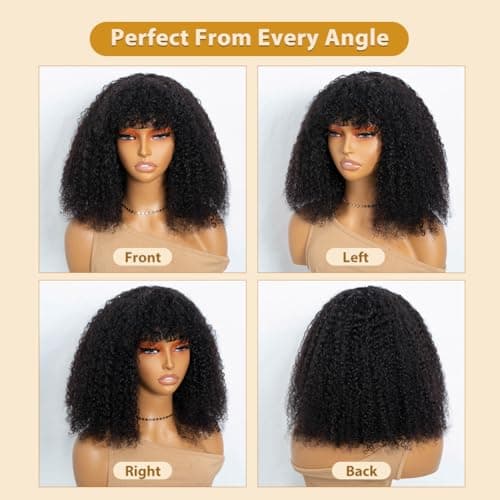 JOEDIR HAIR Human Hair Wig Afro Kinky Curly Fluffy Wig for Black Women Wear and Go Wig with Bangs Glueless Wigs 250% Density (NATURAL, 14 inch) - Thumbnail 6