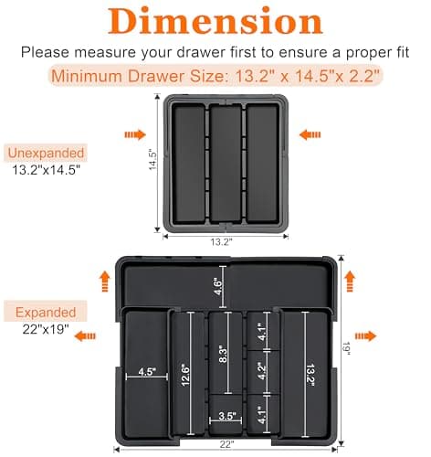 Spaclear Large Utensil Drawer Organizer Expandable Silverware Organizer for Kitchen Drawer Adjustable Cooking Utensil Holder Cutlery Flatware Tray Spatula Tools Gadgets Storage Dividers Plastic Black - Thumbnail 2
