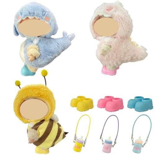 Ezcora 3PCS Animal Costume Outfits for 17cm Dolls, Include Blue Shark, Pink Dinosaur and Yellow Bee Clothes with Shoes and Mini Bags, Cute Dress Up Accessories for Plush, (No Dolls)