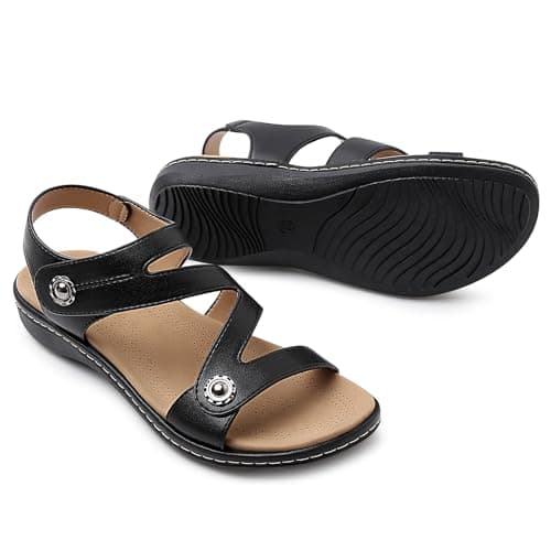 Goldnut Flat Black Sandals For Women Dressy, Ankle Strap Arch Support Black Walking Comfortable Flats Open Toe Sandal Medium US Size 9 - Thumbnail 5