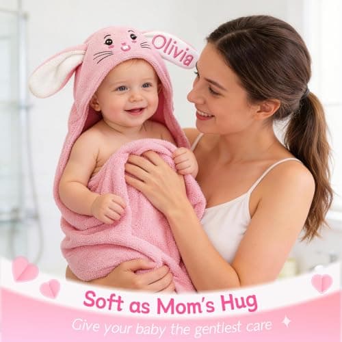 Individz Custom Hooded Bath Towel with Name, Personalized Highly Absorbent Bunny Towels, Baby Bath Towels for Girls Boys, Brithday Easter Gifts for Baby, Toddler, Newborn, Infant (Pink) - Thumbnail 6