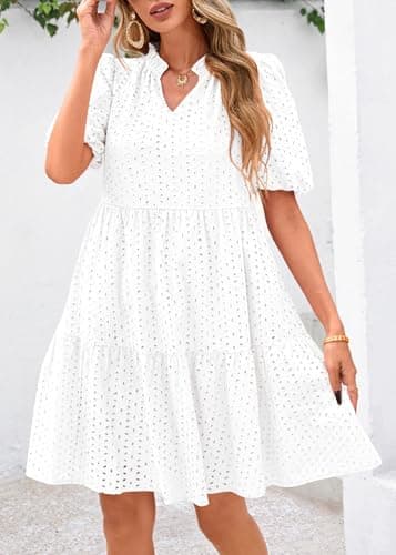 KIRUNDO Eyelet Summer Dresses for Women 2026 Mini Casual Hollow Out Short Sleeve Lace Tiered V Neck Shift Dress Pockets(White, Large) - Thumbnail 4