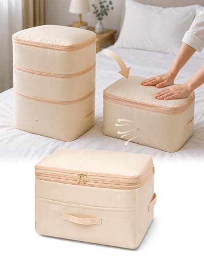 Ultra Space Saving Self Compression Organizers, Double Zipper Compression Packing Cubes for Bedding, Comforter Storage Bag for Blankets Duvet Quilts Pillows Queen King (Beige, X-Large)
