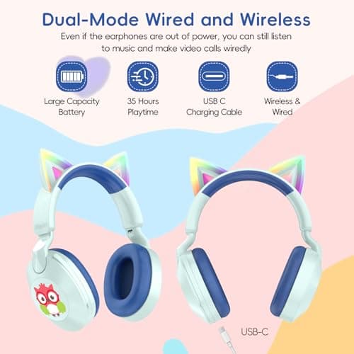 LOBKIN Kids Headphones with Microphone Bluetooth 6.0, Toddler Headphones LED Ligh Rotatable Foldable Sensitive Mic Adjustable 85/94dB Volume Limit Real-time Audio Feedback for Boys Girls Online School - Thumbnail 5