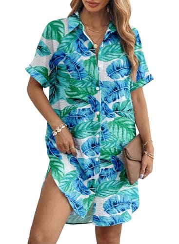 Magritta Womens Plus Size Summer Dresses Shirt Dress Lightweight Breathable Loose Casual Blue Green Printed Swim Cover Up for Beach Festival 3XL - Image 1