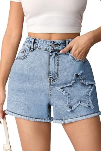 Pink Queen Women's Summer Jean Shorts 2026 Fashion Frayed Ripped Denim Shorts Casual Star/Bow Frayed Hem Hot Shorts with Pockets Light Blue S - Image 1