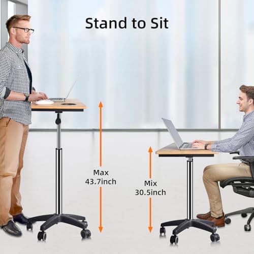 wishacc Rolling Desk Adjustable Height, Mobile Standing Desk on Wheels, Small Portable Sit Stand Laptop Cart, Wood Computer Desk with Cup Holder for Home Office (Extra Large) - Thumbnail 2