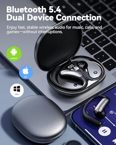 Wentronic Open Ear Headphones, Wireless Earbuds Bluetooth 5.4 with Digital Display, Secure Earhook, 48H Playtime, Enhanced Sound, Clear Calls, IP55 Waterproof Ultra-Light Sports Headphones - Grey - Thumbnail 2