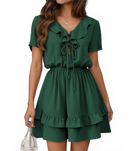 Angashion Womens Tie Front Mini Dress: V Neck Long Sleeve Layer Ruffle Hem Dress with Pockets 2491Dark Dreen X-Large - Image 1