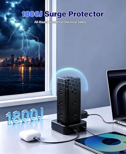 Tagzilo 16-in-1 Power Strip Tower with Surge Protector 1800J, 2USB-C & 2USB-A Ports with 12 AC Outlets, 10ft Extension Cord with Multiple outlets for Home Office Dorm Room, Black - Thumbnail 4