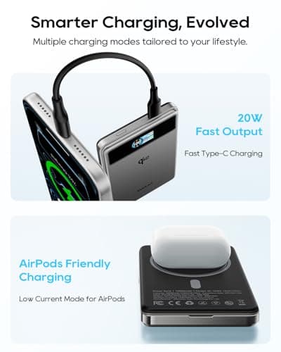 Kuulaa Qi2 MagSafe Power Bank 15W Wireless Portable Charger, 10000mAh Magnetic Battery Pack with Foldable Stand and Smart Display for iPhone 17/16/15/14/13/12 Series Not for Pixel,Grey - Thumbnail 6