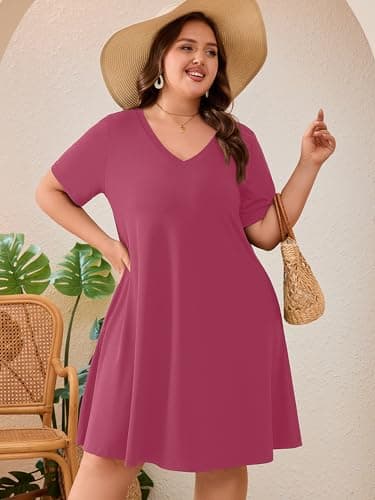 AusLook Plus Size Midi Dress for Women Purple Red 2X Short Sleeve Loose V Neck Summer Casual A Line Knee Length Work Outfit T Shirt 2026 Sundresses with Pockets - Thumbnail 3