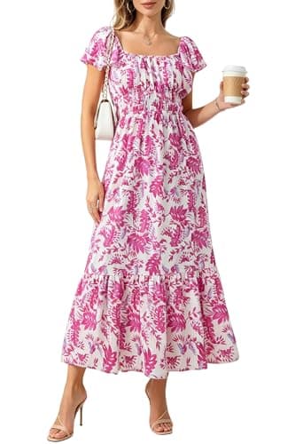 Women's Summer Casual 2026 Off the Shoulder Ruffle Flutter Short Sleeve Square Neck Smocked Leaf Print Rayon Empire Elastic Waist Tiered Flowy Long Dress Ladies Vocation Bohemian Pink Floral Dresses - Image 1