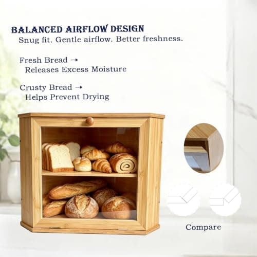 SEGGDFQ Corner Bread Box for Kitchen Countertop, 100% Natural Bamboo, 2-Tier Wooden Bread Storage Cabinet, Fresh Bread Keeper with Clear Door for Small Kitchens, RV And Camping - Thumbnail 3