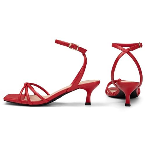 Athlefit Kitten Heels for Women Red Square Open Toe Strappy Low Heels Ankle Strap Summer Sexy Party Dress Sandals Size 8.5 - Thumbnail 6