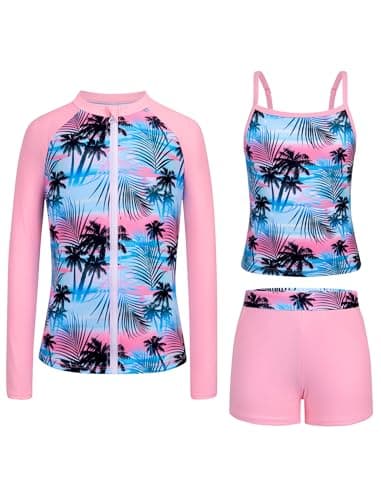 Seanrui Girls Bathing Suits Size 7-8 Two Piece Swimsuit with Pockets Long Sleeve Rash Guard Swimwear for Kids Pink - Image 1