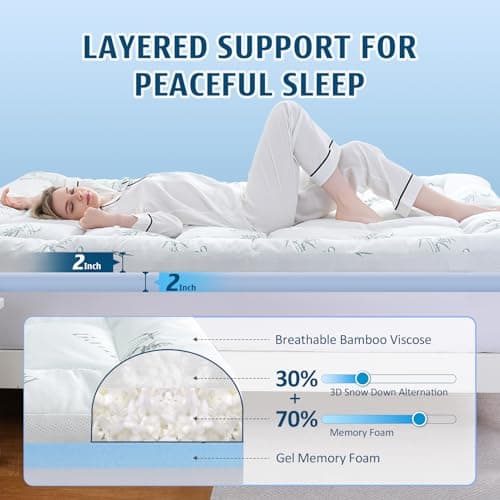 DOWNCOOL Dual Layer 4 Inch Memory Foam Mattress Topper Twin – 2 Inch Gel Memory Foam & 2 Inch Pillow Top Mattress Pad, Soft & Breathable Viscose Made from Bamboo, for Back Pain Relief - Thumbnail 2