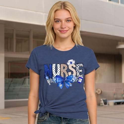 Nurse Shirt for Women Funny Blue Bow Graphic Nursing Tshirt Nurse Appreciation Gift Tops - Thumbnail 5