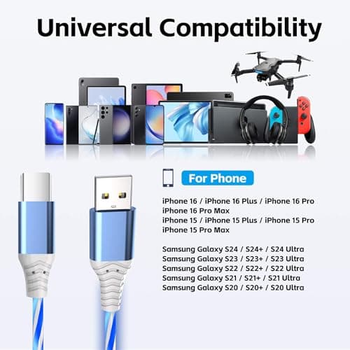 3-Pack 3.3FT USB C Charging Cables, Flowing Light Up Charger Cord, Compatible with Samsung Galaxy, iPhone 16/15, iPad, and More (Blue, Green, Pink with Red Light) - Thumbnail 6