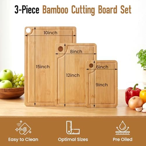 VIVIGU 3-Piece Bamboo Cutting Board Set, Premium Wood Cutting Board with Juice Grooves, Durable Chopping Boards for Kitchen Prep, Meat, Vegetables, Fruits & Serving - Thumbnail 2