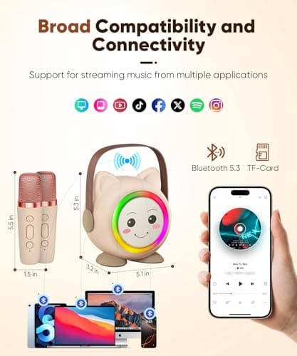 Mini Karaoke Machine Toy for Kids, Portable Karaoke Machine with 2 Wireless Microphone for 4,5,6,7,8,9,10,11,12+ Years Old Christmas Birthday Gifts Girls Boys (Beige) - Thumbnail 3