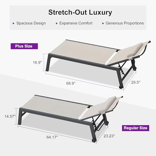 PURPLE LEAF Outdoor Oversized Lounge Chair Set of 3 Patio Chaise Pool Lounger Aluminum Frame with Side Table and Wheels for Outside Sunbathing Tanning Recliner Including Pillows Beige - Thumbnail 4