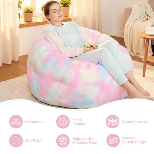 Cvortll Bean Bag Chair, Floral Shaped Beanbag, Faux Fur Adult Teen Kids Comfy Chair with Petal Armrest Chair, Bean Bag Couch for Bedroom, Living Room, Dorm, Game (Colorful) - Thumbnail 6