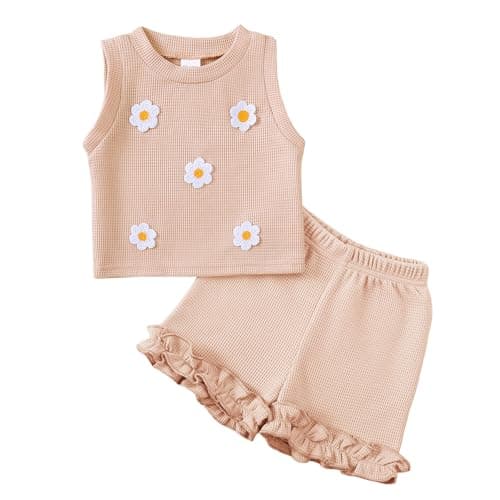 Kislio Toddler Baby Girl Outfits Floral Summer Clothes Waffle Sleeveless Tops Ruffle Shorts Cute Infant Spring Clothes Set - Image 1