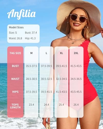 ANFILIA 2 Piece Tankini Swimsuits for Women Tummy Control Bathing Suit Scalloped Tankini Top Swimwear with Bottom Red - Thumbnail 6