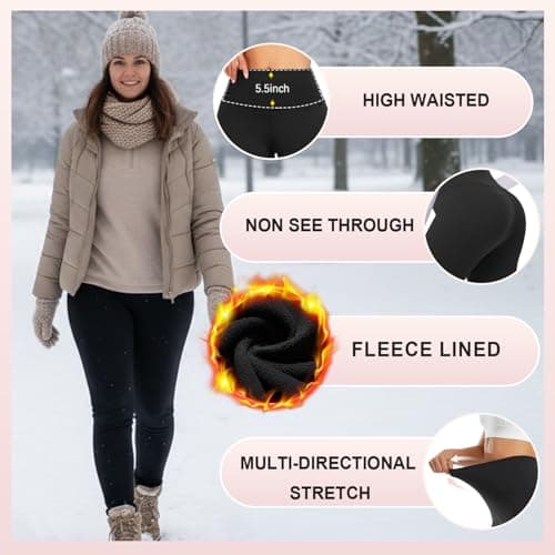 Fleece Lined Leggings for Women 3 Pack-High Wasited Tummy Control Yoga Pants Clothing Daily Solid Shark Tuff Dups Look Alikes Houndstooth Novelty Boho(3 Pcs Black+Khaki+Beige Fleece Lined,L-XL) - Thumbnail 5