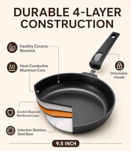 USELUCK 9.5 Inch Nonstick Frying Pan with Detachable Handle, Non Toxic Ceramic Skillet for Cooking, Induction Cookware with Removable Handle, Dishwasher & Oven Safe, PFAS PFOA & PTFE Free, Black - Thumbnail 6