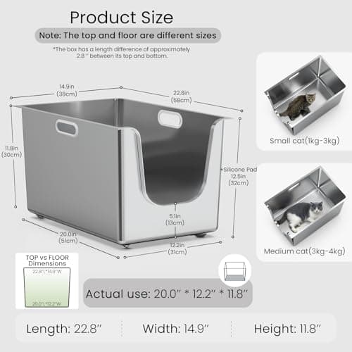 Stainless Steel Litter Box 11.8'' High Sides, XL Metal Cat Litter Box with Curved Low Entry, Cat Litter Pan for Big & Multiple Cats, Pet Toliet with Handy Wheels for Easy Moving - Thumbnail 2