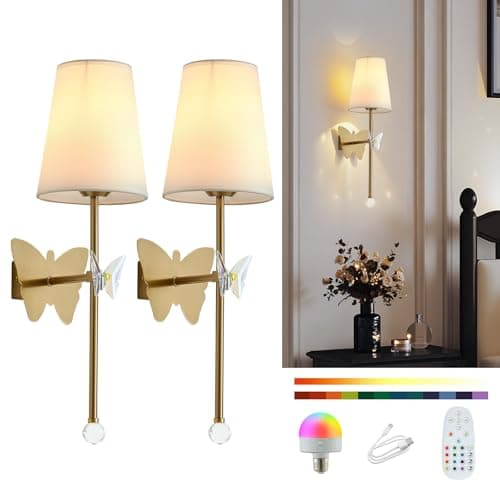 MHSNL Gold Battery Operated Wall Sconces Set of 2,Rechargeable Wall Lights with Butterfly Sconces, Cordless Battery Sconce Indoor Wall Lamps for Bedroom Living Room Hallway Stairs Bathroom - Image 1