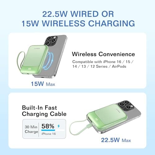 Magnetic Power Bank 10000mAh, Wireless Portable Charger with 15W Max Fast Charging & Built-in USB-C Cable, 22.5W PD LED Display Battery Pack Compatible with iPhone 17/16/15, Samsung Galaxy(green) - Thumbnail 2