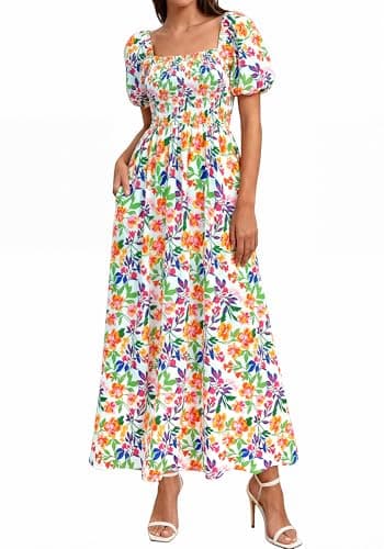 BTFBM Spring Summer Dresses for Women 2026 Puff Short Sleeve Smocked Floral Print Boho Beach Wedding Guest Maxi Dress(Floral Light Green Multi, Small) - Image 1