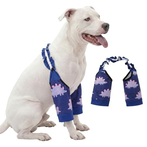 LovinPet Front Leg Sleeves for Medium and Large Dogs, 4-Way Stretch Elbow Protection, Anti-Lick Recovery, Warmth and Callus Prevention, Pair, Dinosaur Print, Pink Purple,XL