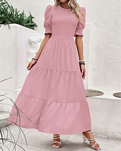 BTFBM Women Casual Summer Dresses 2026 Spring Crew Neck Ruffle Short Sleeve Smocked Floral Boho Flowy Maxi Dress Clothes(Solid Light Pink, Medium) - Thumbnail 6
