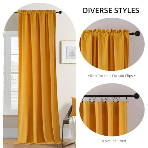 Joydeco Yellow Velvet Curtains 96 inch Length 2 Panels, Luxury Blackout Rod Pocket Thermal Insulated Window Curtains, Super Soft Room Darkening Drapes for Living Dining Room Bedroom,W52 x L96 inches - Thumbnail 2