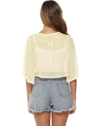iClosam Women Sheer Shrug Tie Front 3/4 Sleeve Cropped Bolero Shrug Cardigan (Beige, Large) - Thumbnail 5