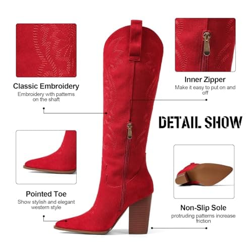 VOMIRA Red Cowboy Boots for Women Pointed Toe Embroidered Wide Calf Cowgirl Boots Western Knee High Cowboy Boots Women - Thumbnail 4